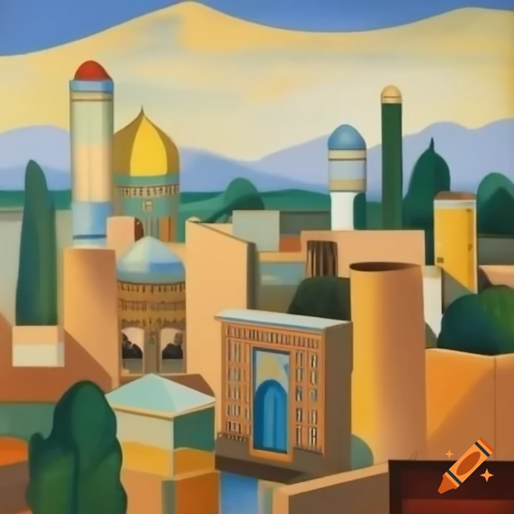 Skyline of Shiraz in the style of Picasso and Norman Rockwell