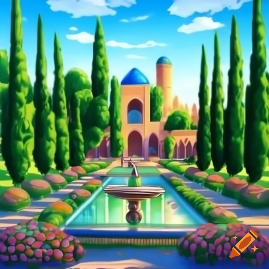 Watercolor painting of Persian garden with cypress trees, colorful flowers, and architectural arches