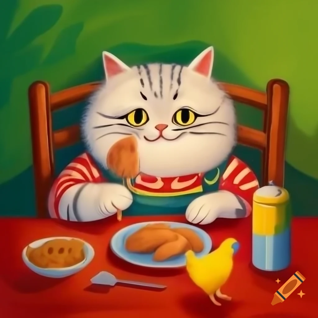 Fluffy cat eating chicken at table in colorful watercolor painting
