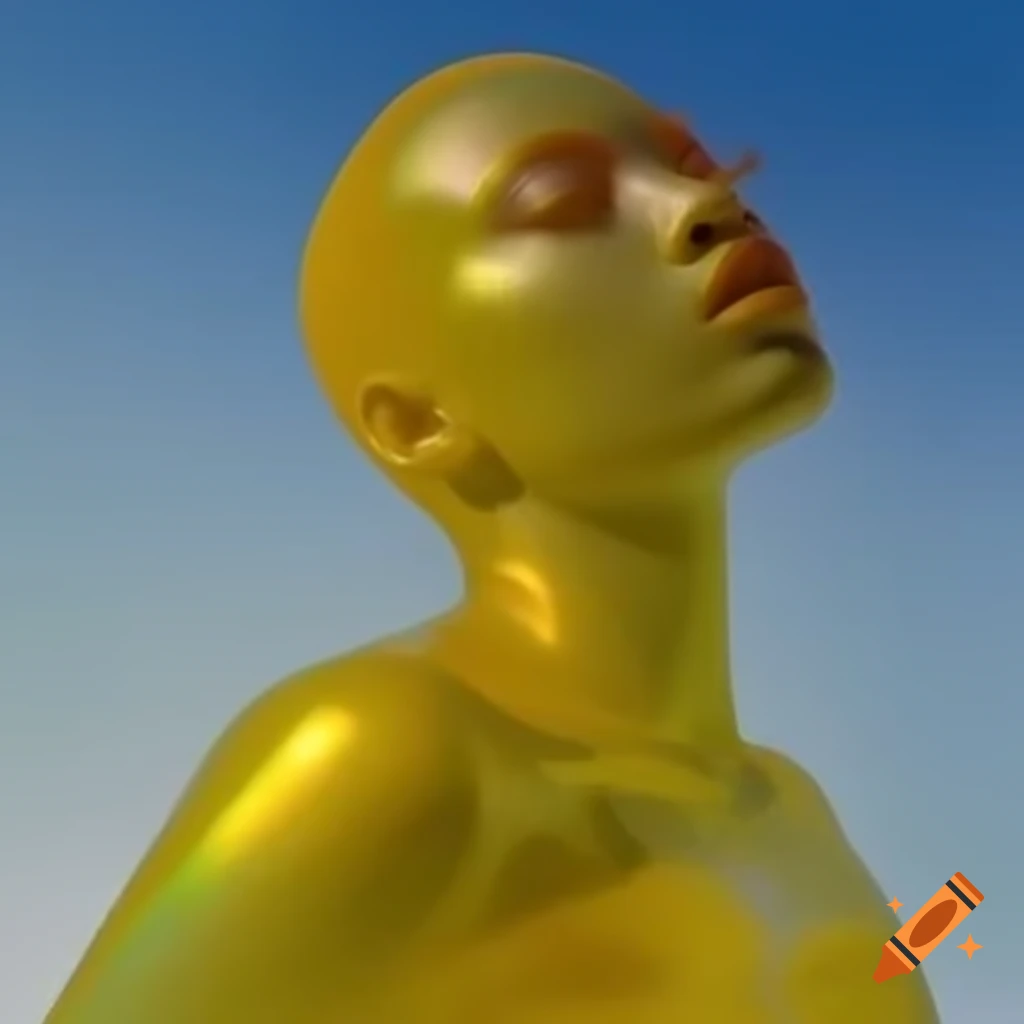 Iridescent yellow glass statue in pop surreal 2000's photography style