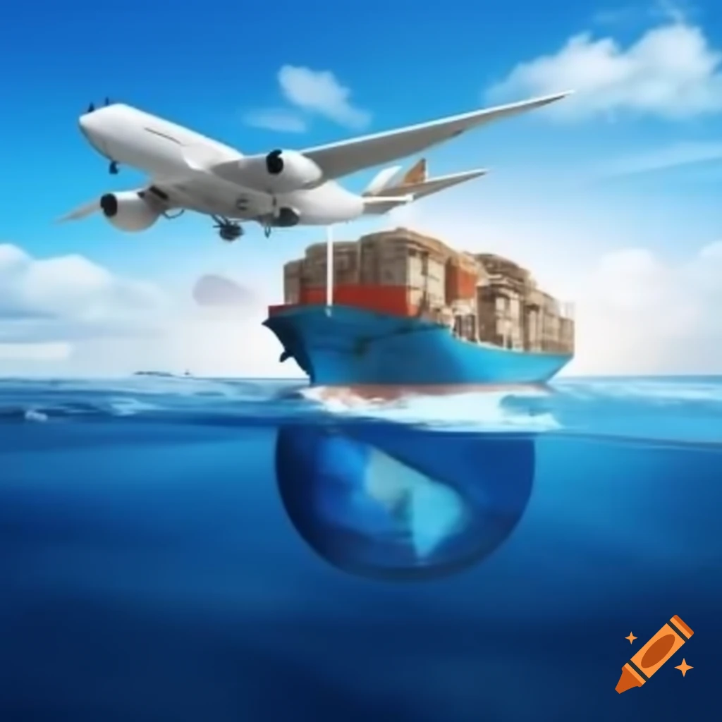 Globe with sea, cargo ship, and airplane under a clear sky
