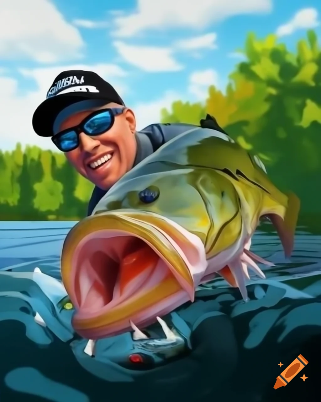 Fisherman holding large bass with soft bait in mouth by serene lake