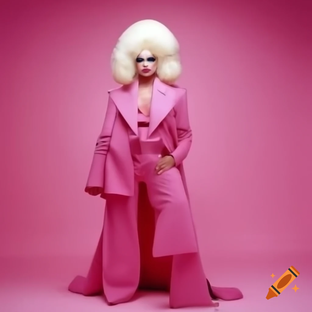 Dolly Diamond drag queen in retro 70's outfit with oversized pants and big blonde hair