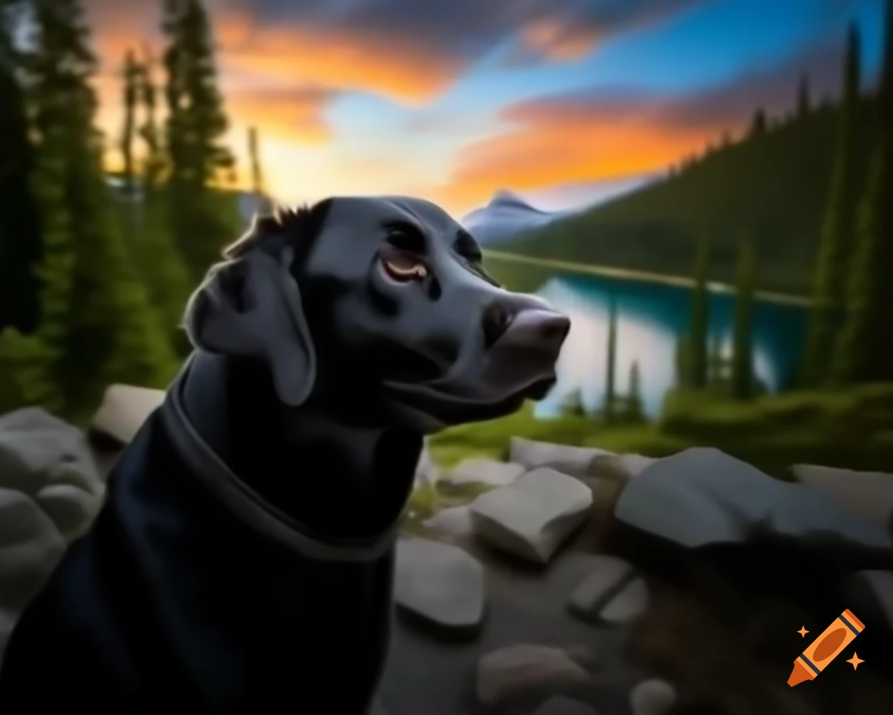 Black Labrador Retriever in forest facing camera with trees in background