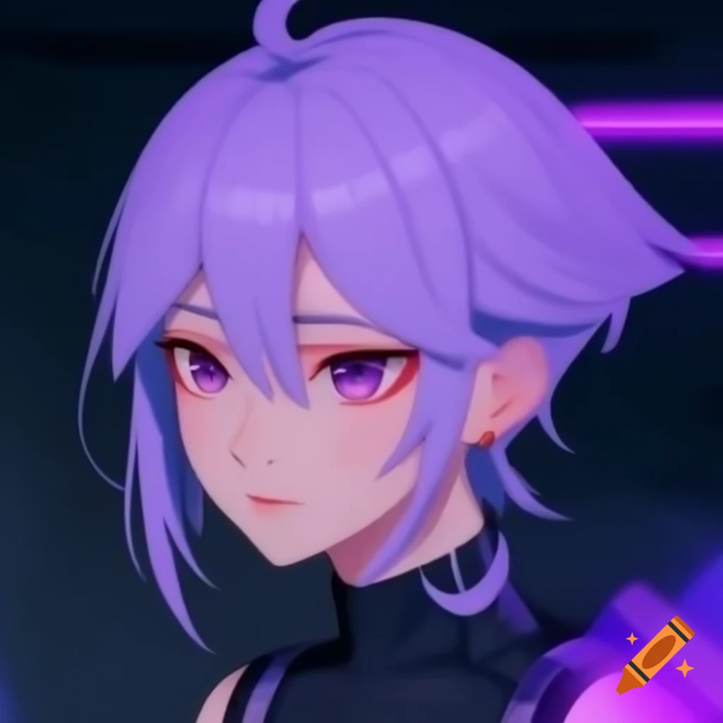 Anime character with light purple hair in modern low lighting