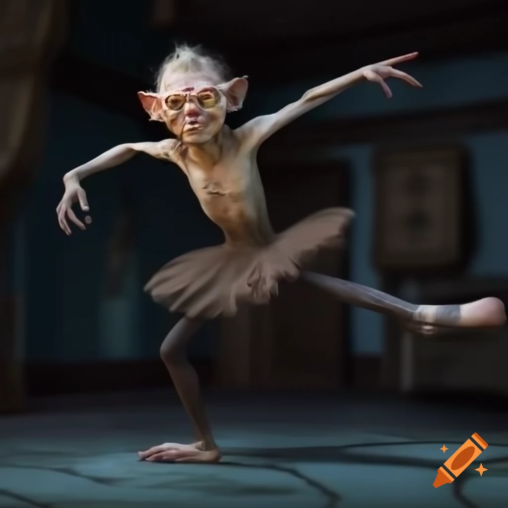 Gollum as a ballerina breakdancing in a room with orcs