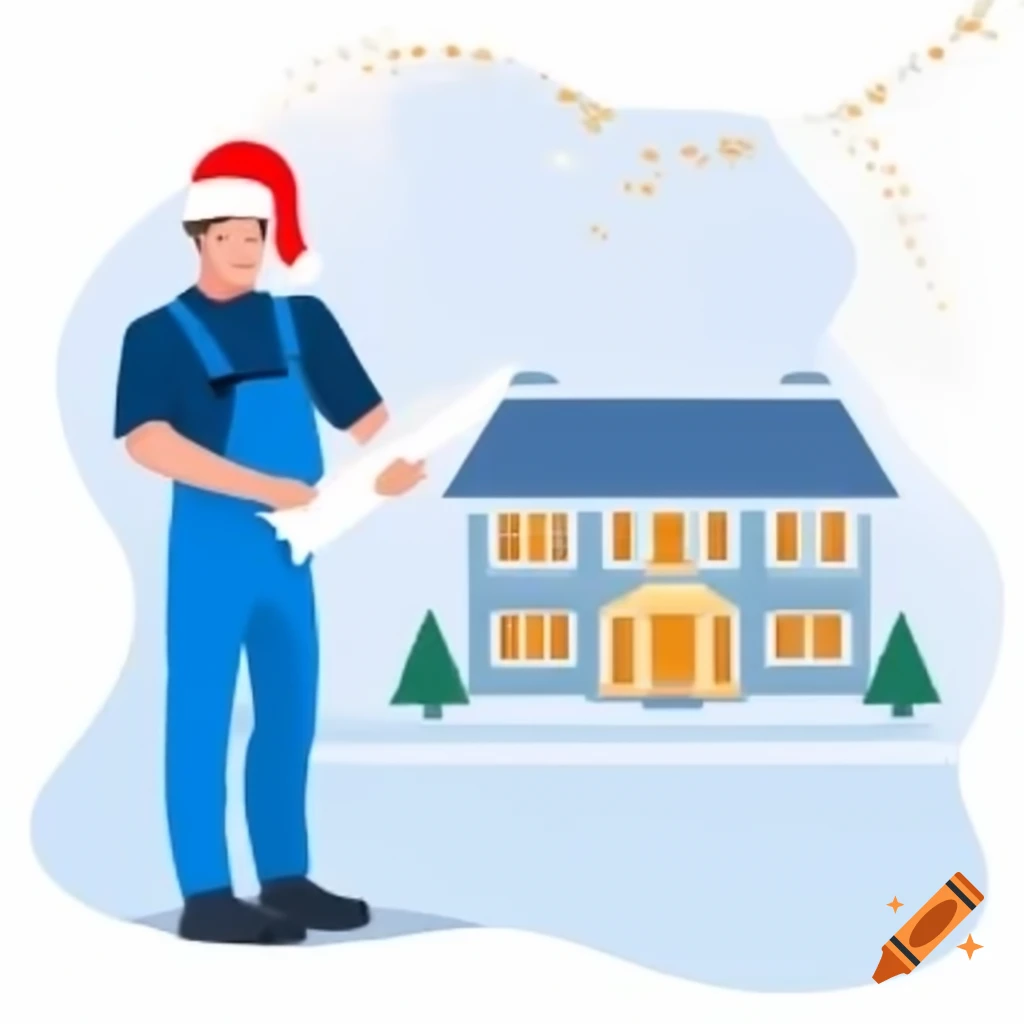 Friendly electrician discussing holiday plans by festively lit house
