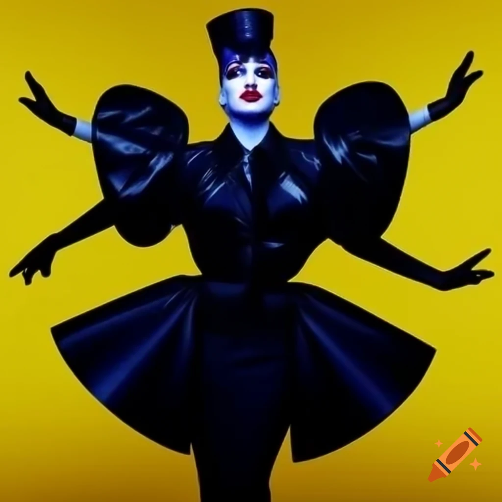 High-fashion monochrome look of drag queen Coco Couture in structured black outfit