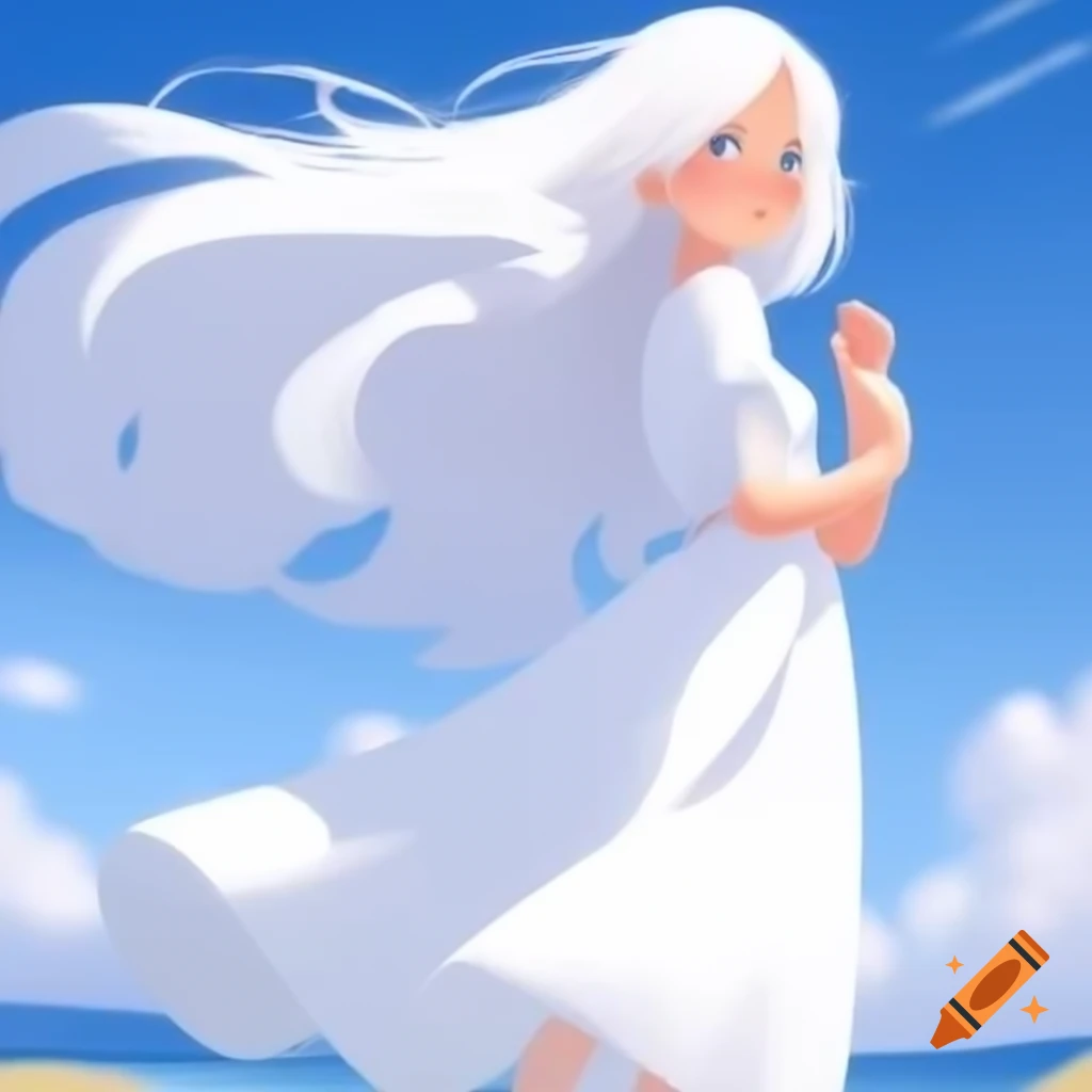 Girl with long white hair in white dress by the wind