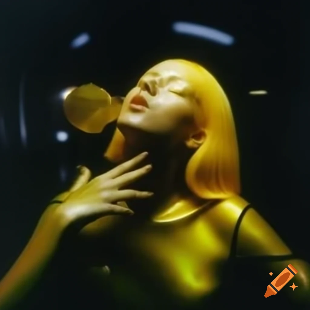 Iridescent yellow glass statue in pop surrealist photography style