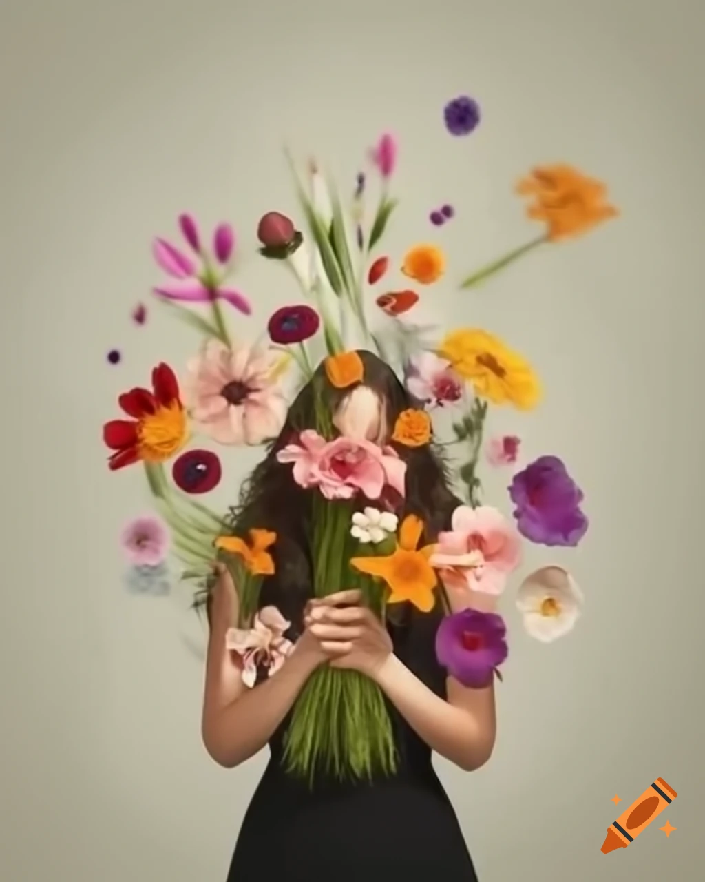 Woman holding bouquet of flowers with petals flying in wind, symbolizing growth and beauty