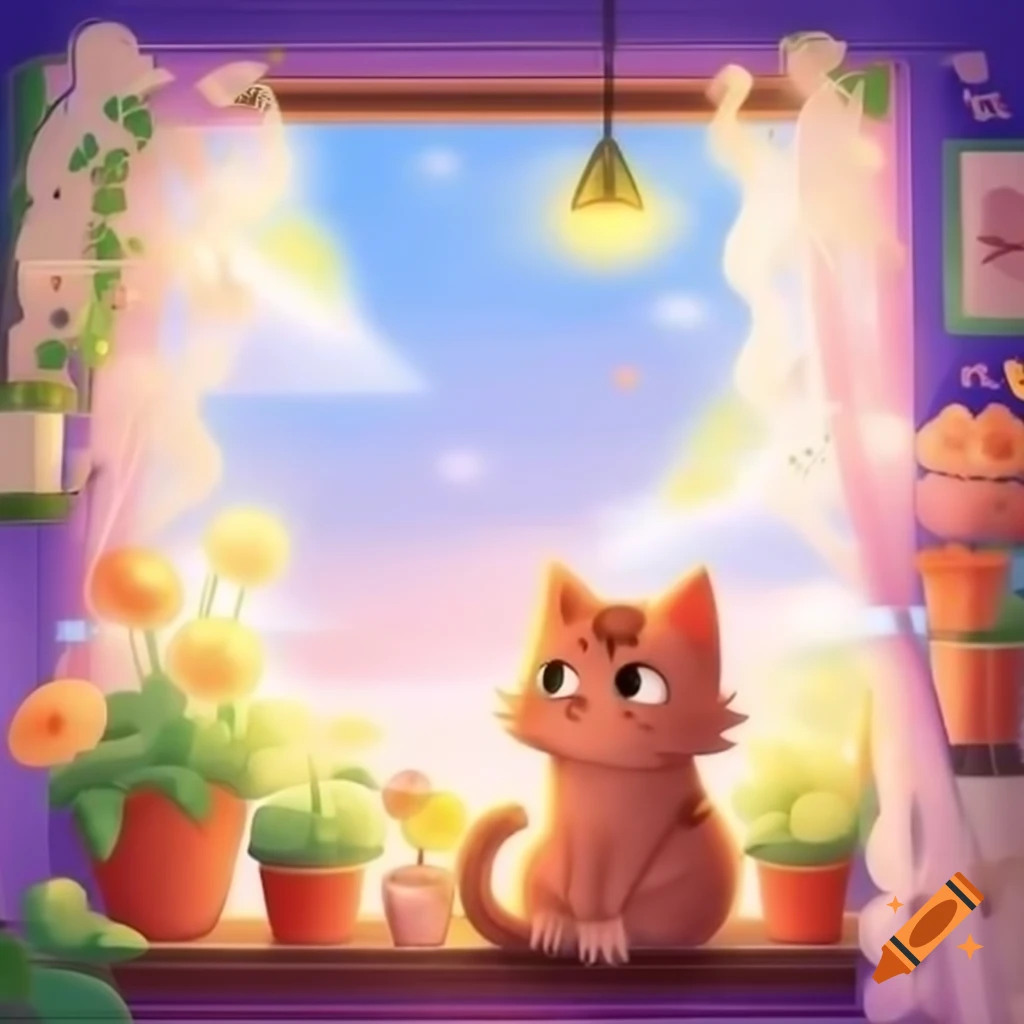 Fluffy cat on windowsill surrounded by blooming potted plants and lace curtain
