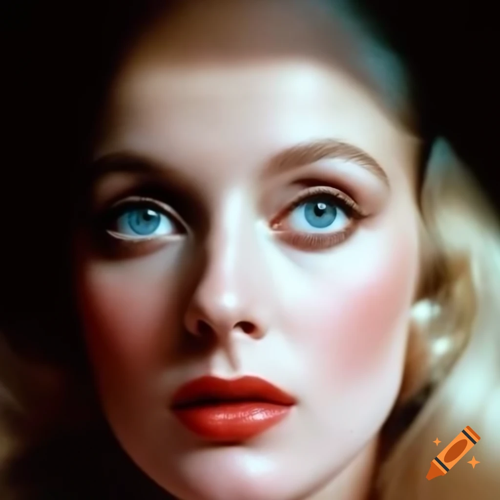 Hyper-realistic color photograph of a charming European actress from 1963 with porcelain skin and blue eyes