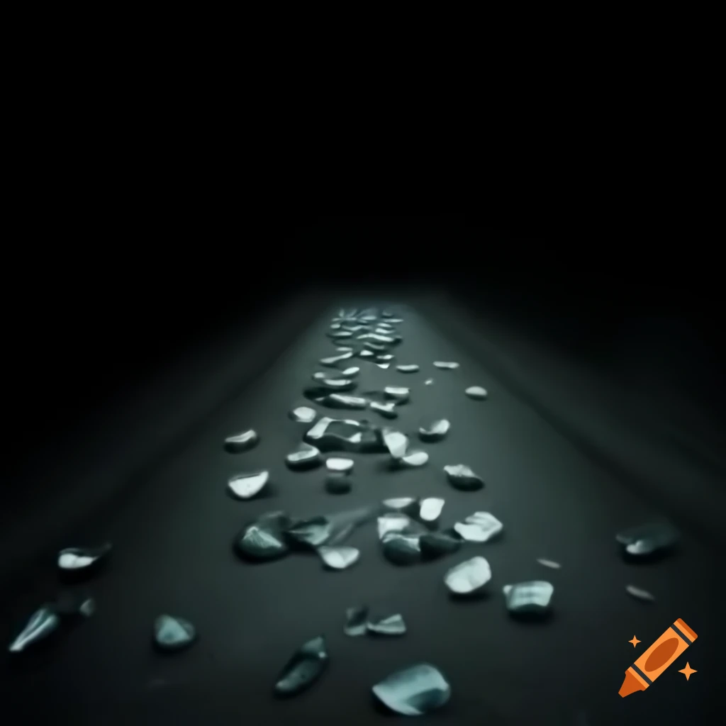 Dark path with piles of broken glass