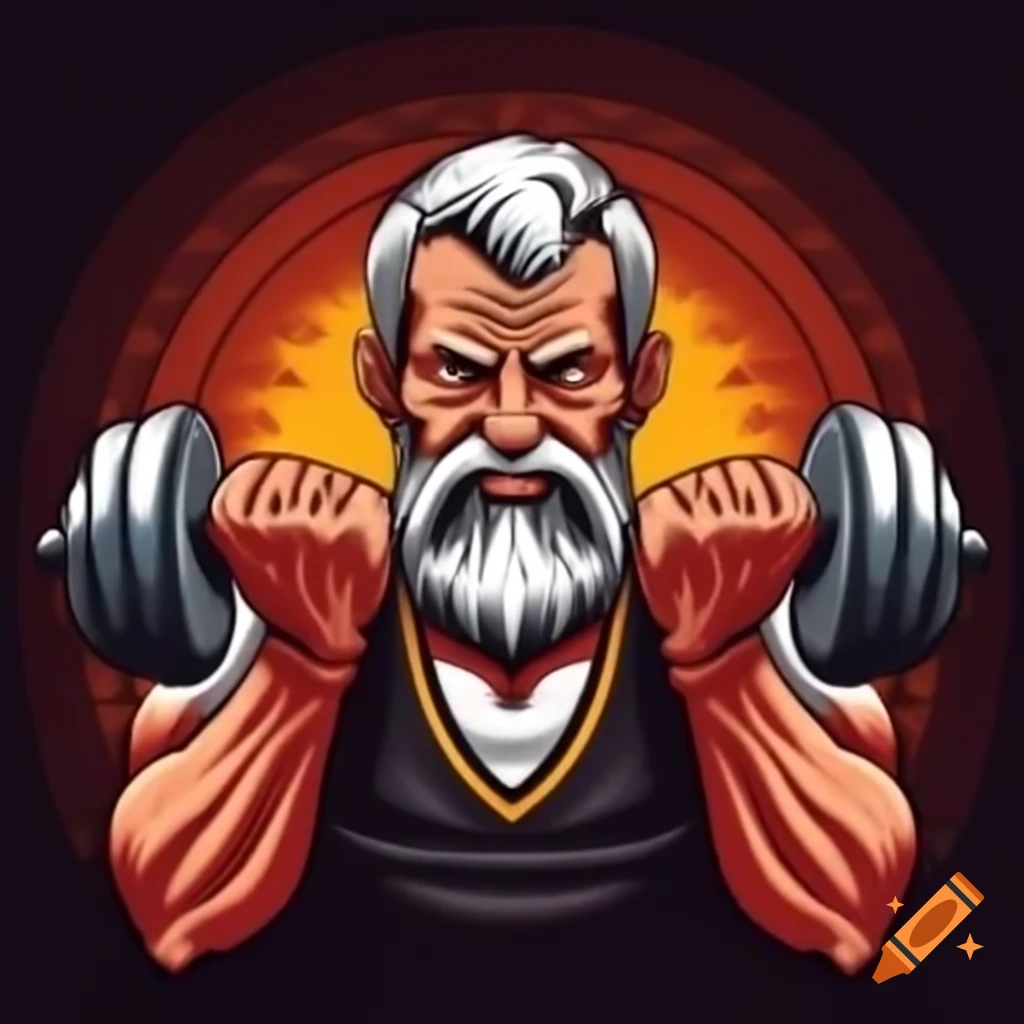 Vintage fitness poster featuring determined senior training with dumbbells