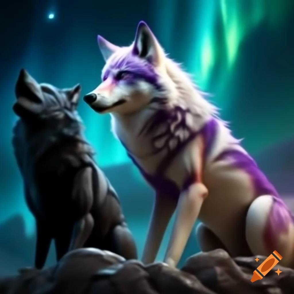 Realistic white and purple wolf on cliff with black and blue wolf under aurora