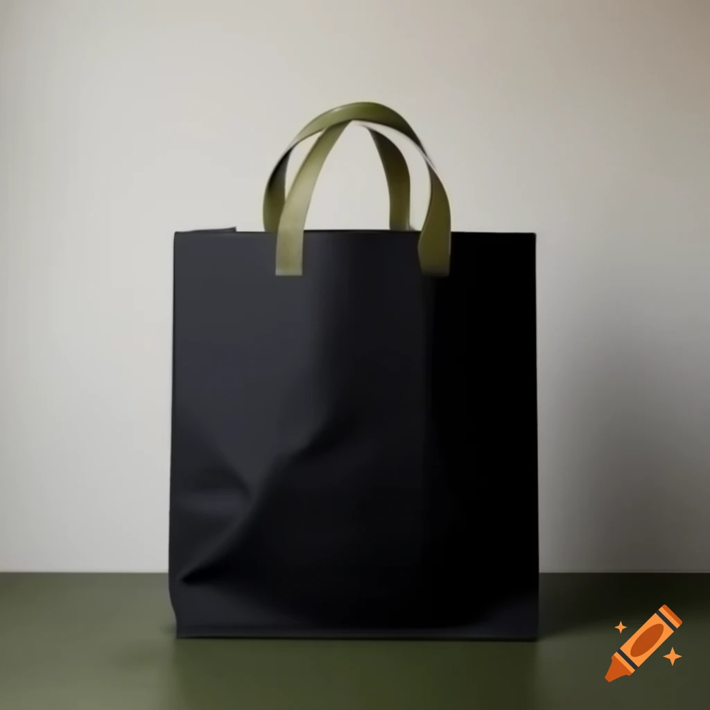Black paper bag with olive green handles