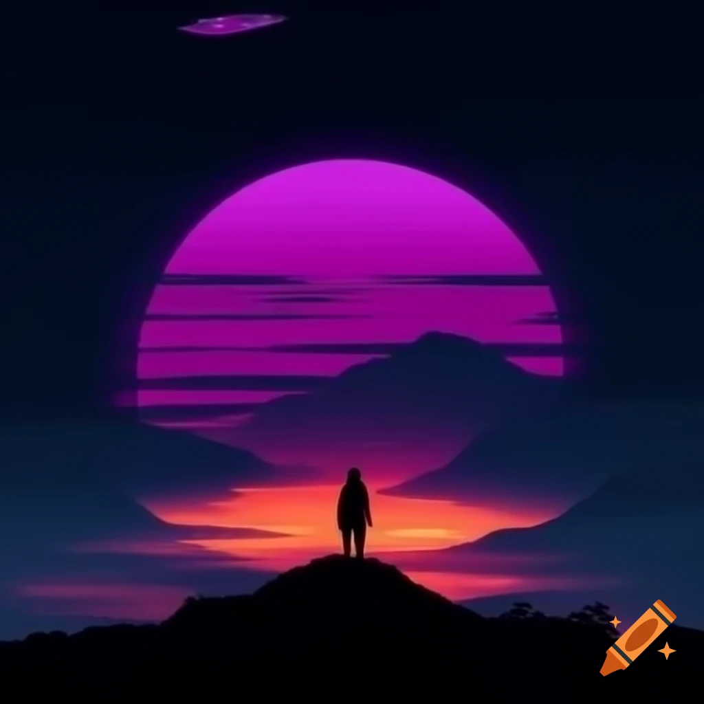 Silhouette against fire purple sunset over mountains