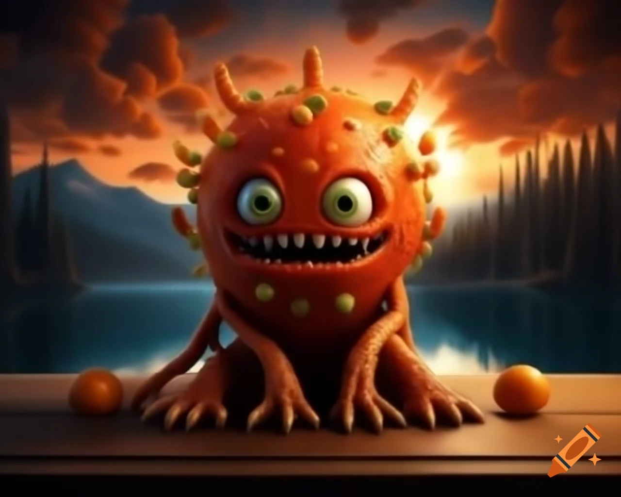 3D orange fruit tree monster with human face in forest setting
