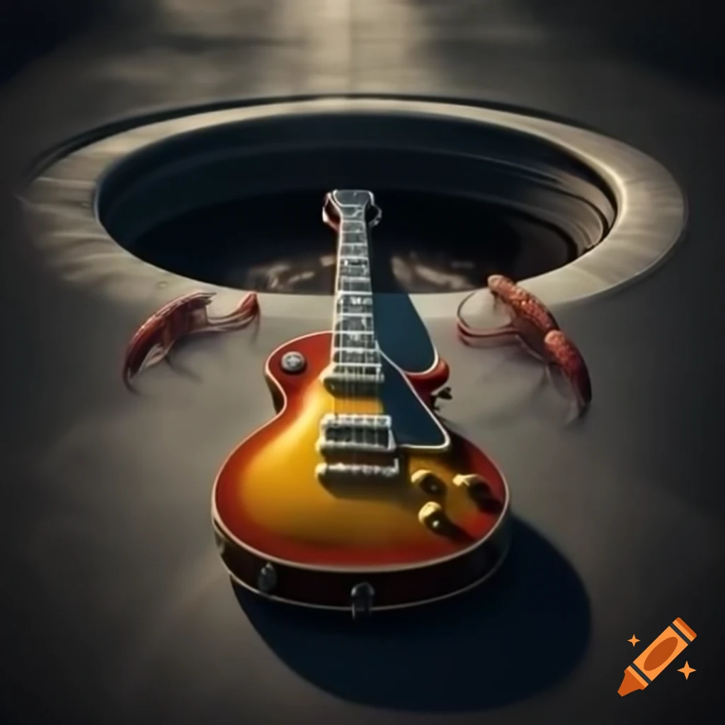 Levitating Les Paul guitar surrounded by crayfish on endless asphalt in 1970s style