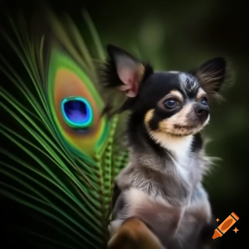 Photorealistic hybrid of chihuahua head and peacock body with spread tail feathers