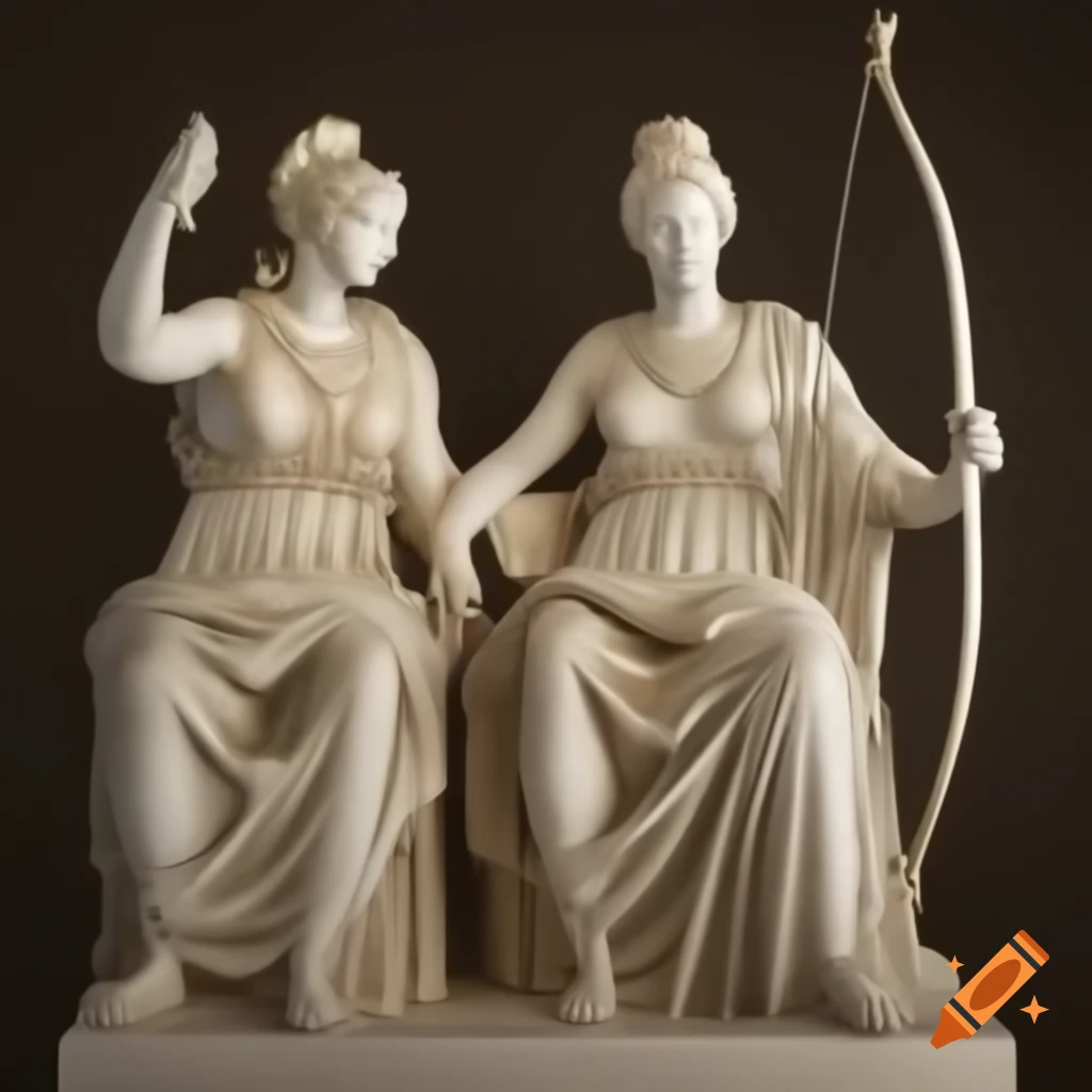 Apollo and Artemis with bows in classical Greek art style