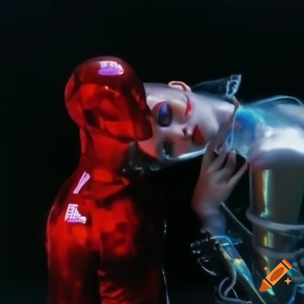 Iridescent red glass statue in 2000's pop surreal photography