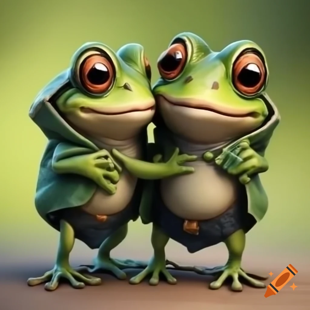 Two cartoon frogs in clothes hugging