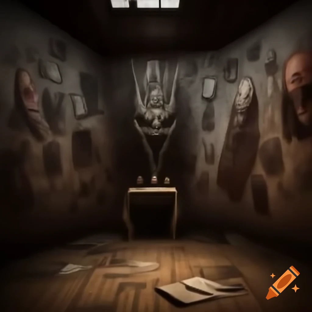 Realistic scary house interior with demonic drawings on walls