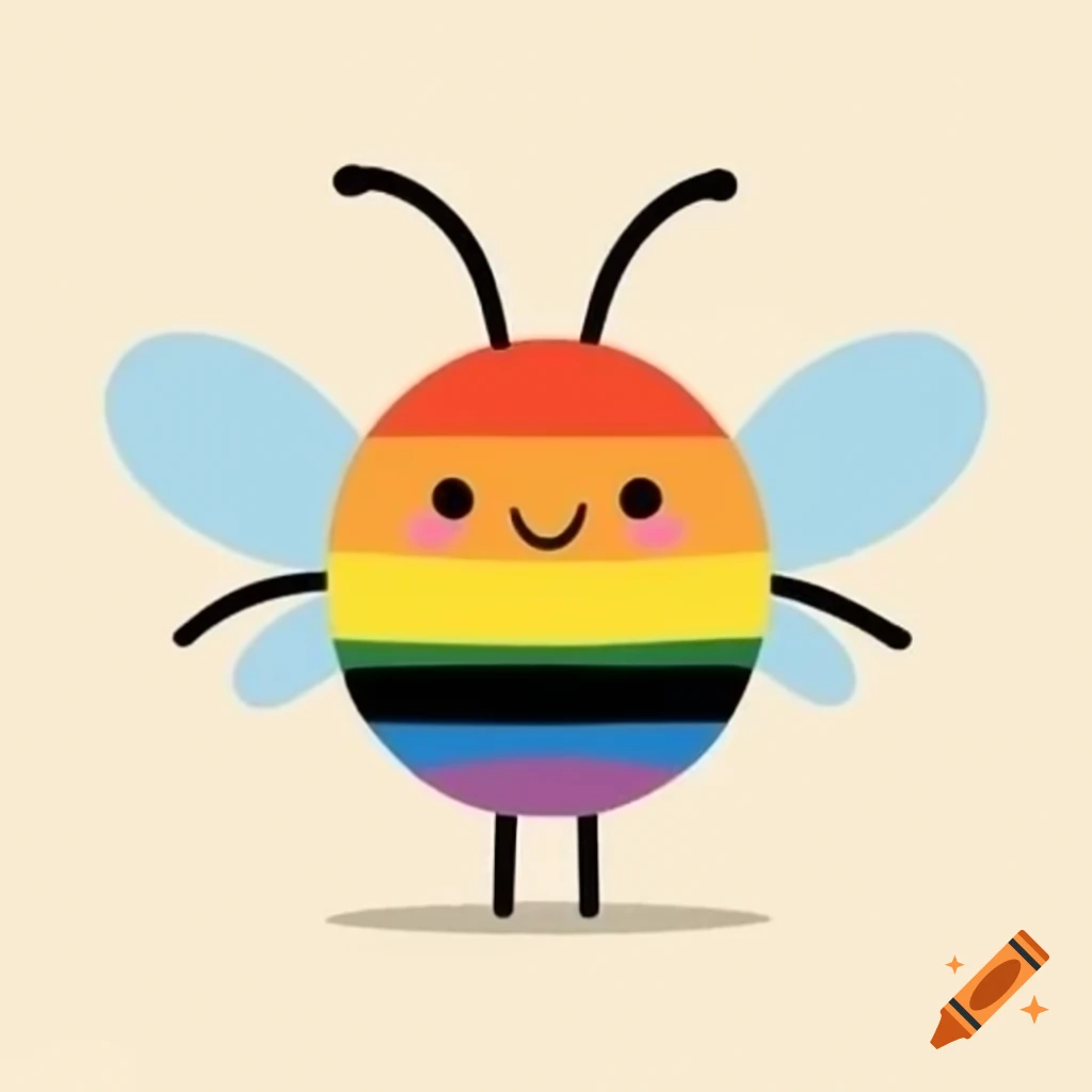 Minimalistic friendly bee mascot with rainbow stripes