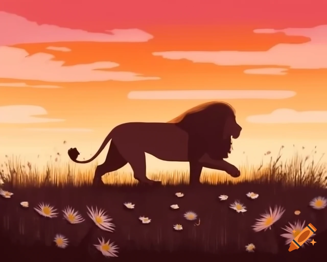 Lonely lion silhouette at sunset with teardrop in daisies