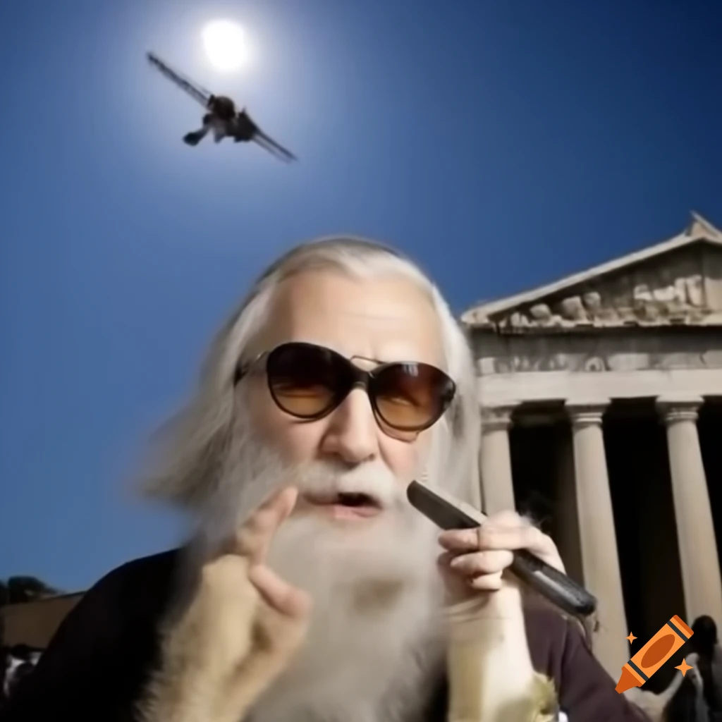 Greek philosopher Plato with sunglasses singing in Athens