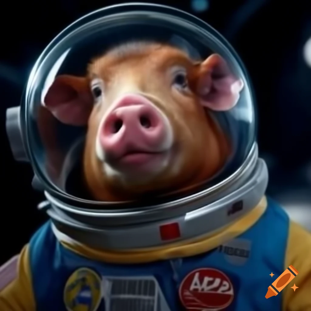 Cartoon pork character in a space suit