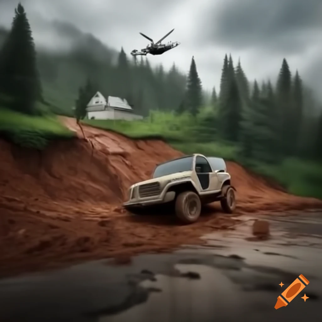 Landslide area with trees, house in mud, rescue efforts with helicopter and off-road jeep in rainy weather