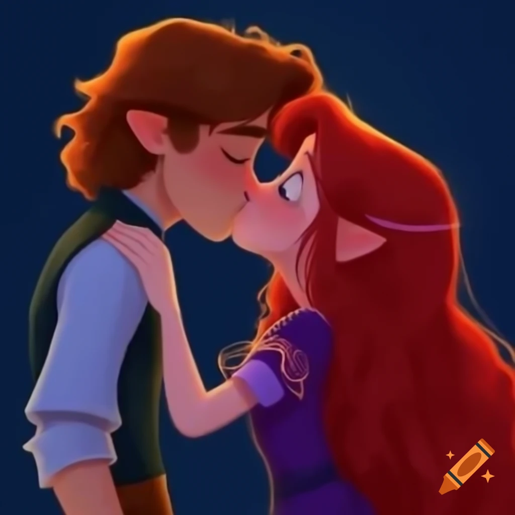 Tangled characters sharing a kiss in a whimsical setting