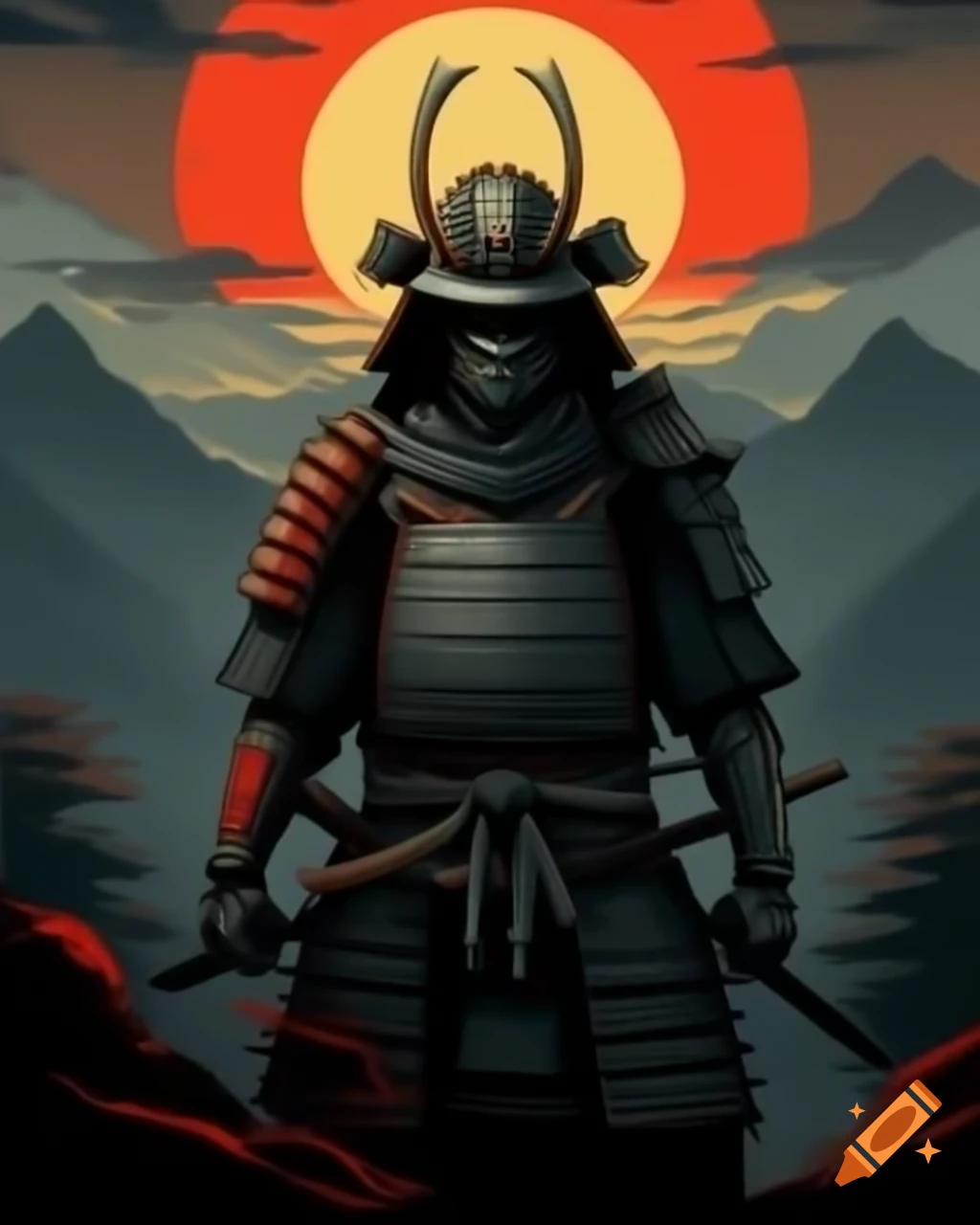 Armoured ninja with samurai helmet in mountain forest during sunset, dark fantasy style