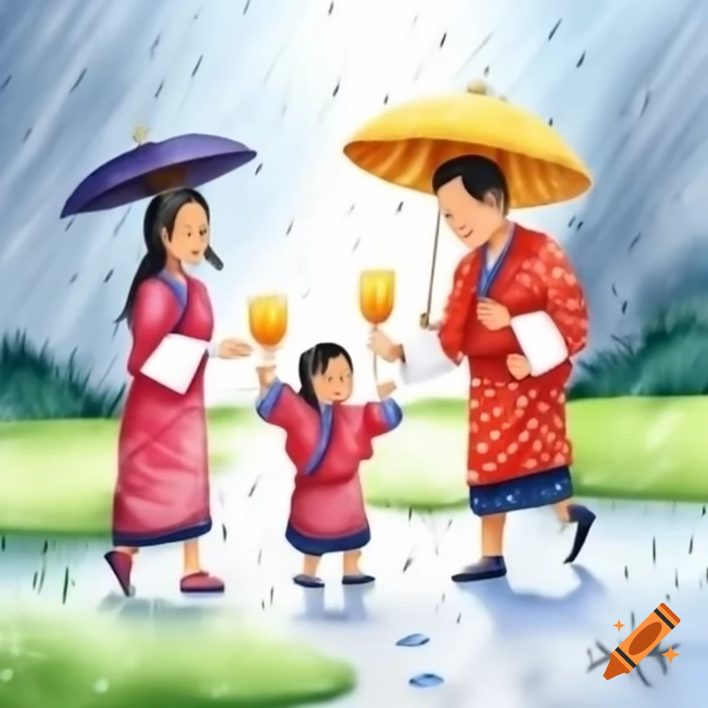 Bhutanese family feasting together on a rainy day