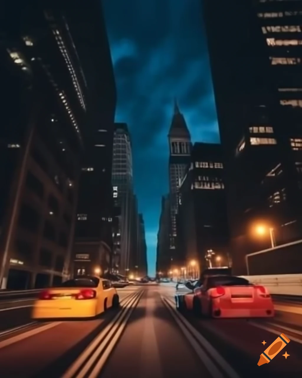 Night city streets with two cars racing under wide sky