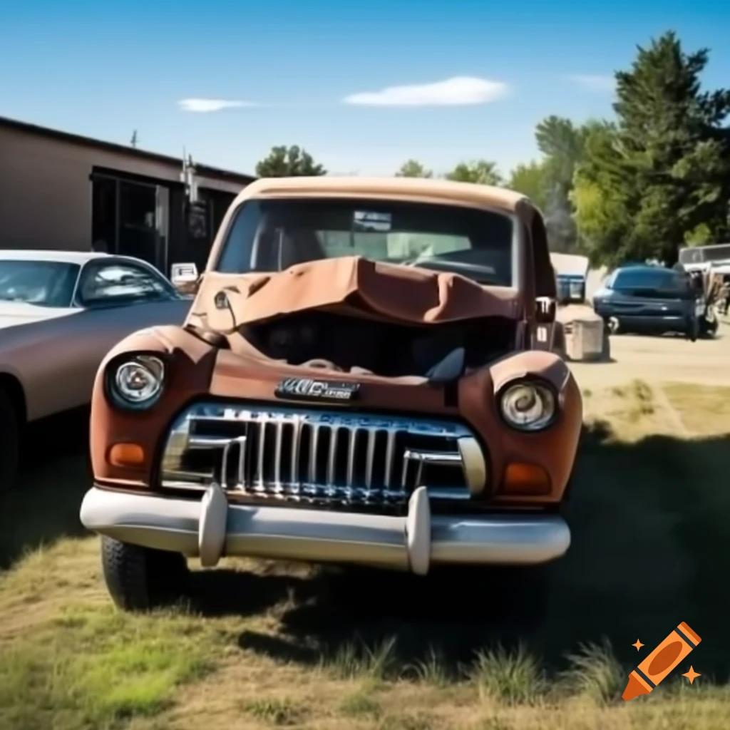 Old broken down Buick parked on the reservation with sunny background and other cars