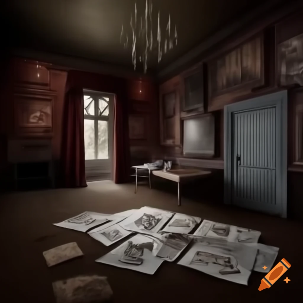 Scary room with demonic drawings and dark atmosphere