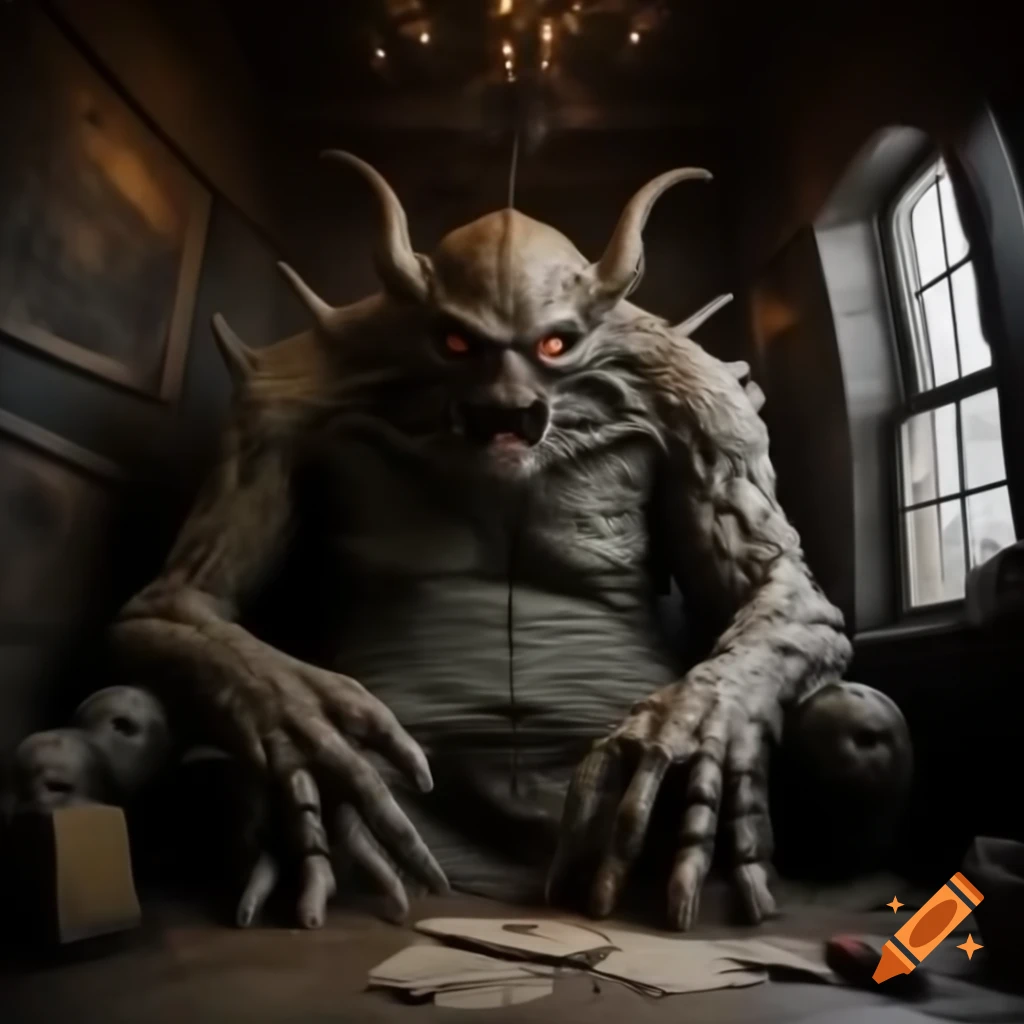 Realistic scary house interior with demonic drawings on walls