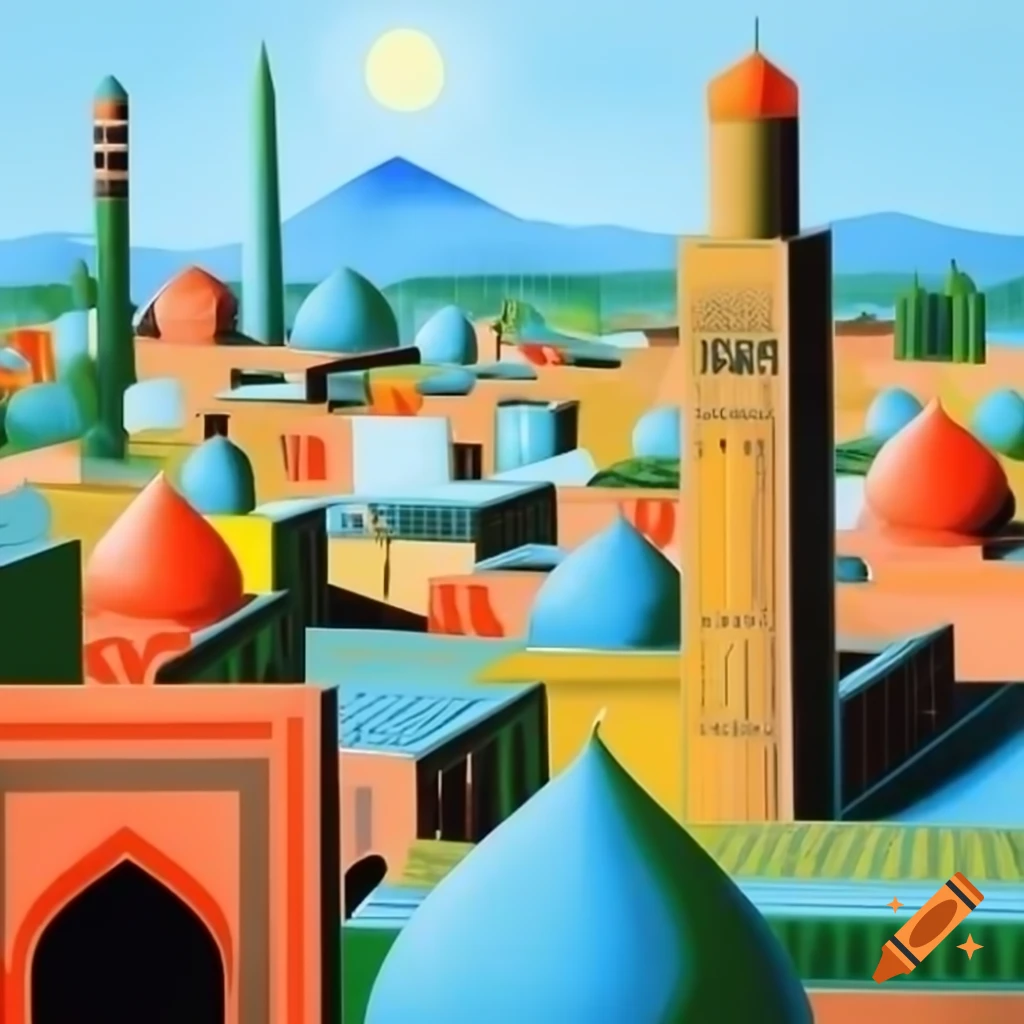 Skyline of Shiraz in the style of Picasso and Norman Rockwell