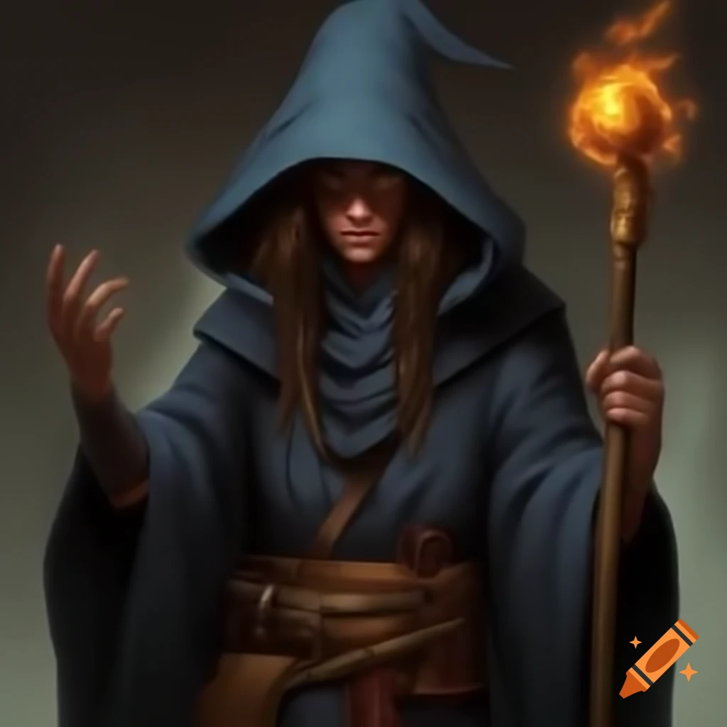 Blind wizard with staff manipulating time