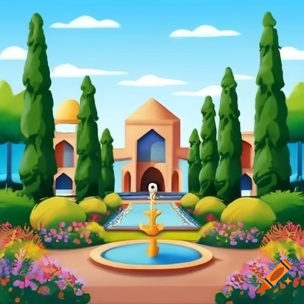 Persian garden painting featuring cypress trees, colorful flowers, and fountain