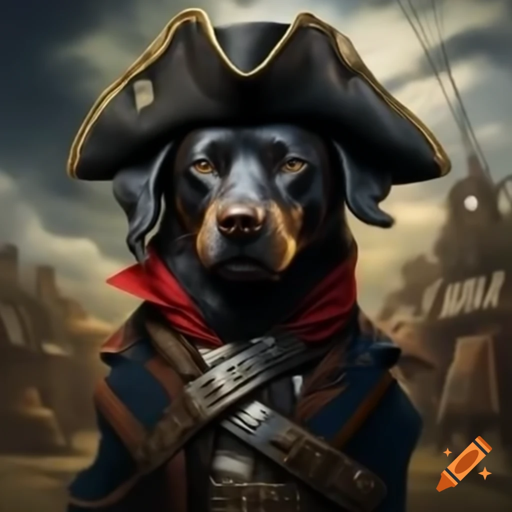 Charismatic black dog wearing pirate tricorne, embodying daring adventure
