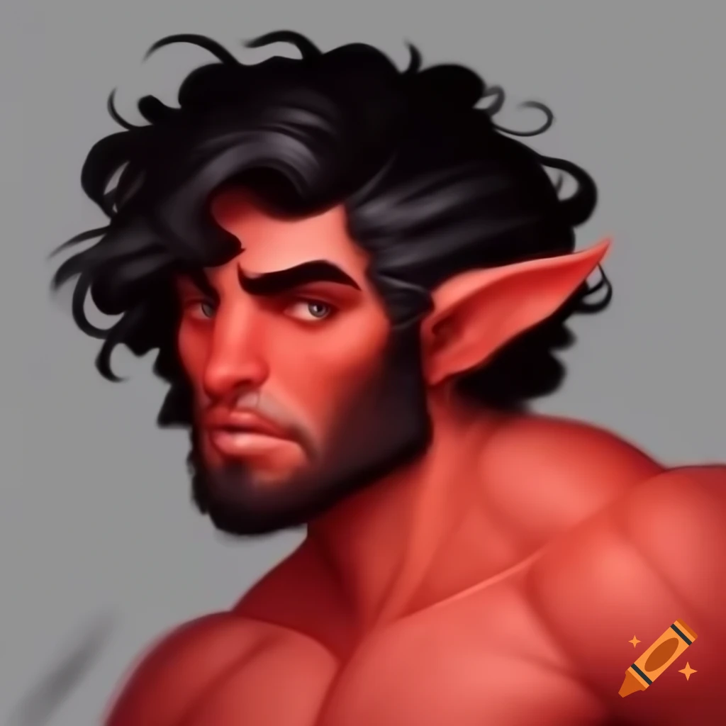 Male Tiefling Fighter character with red skin, horns, and curly black hair