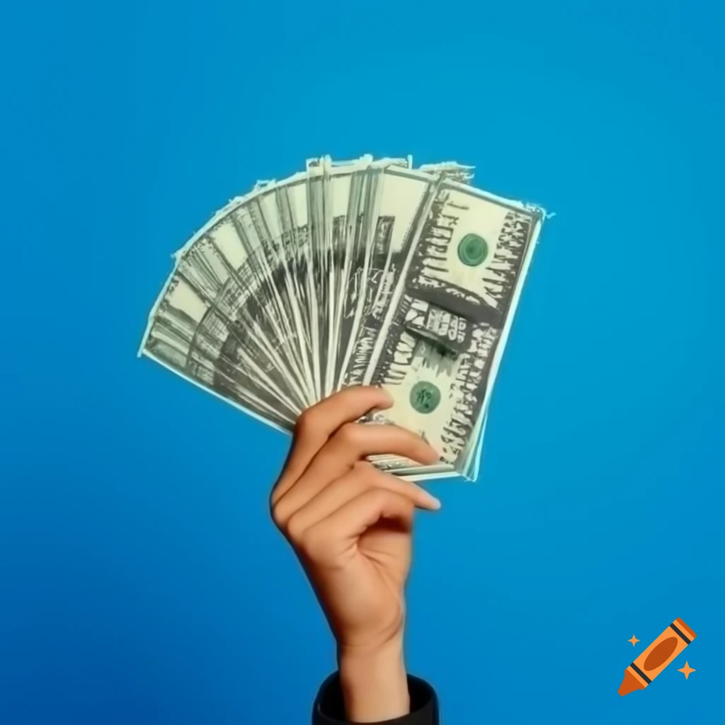 Hand holding money against vertical blue background