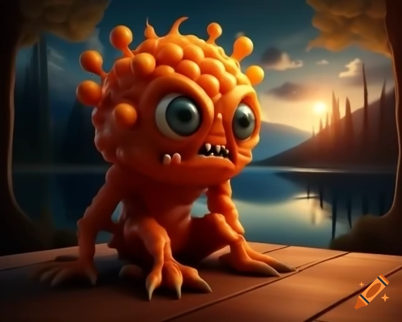 3D orange fruit tree monster with human face in forest setting