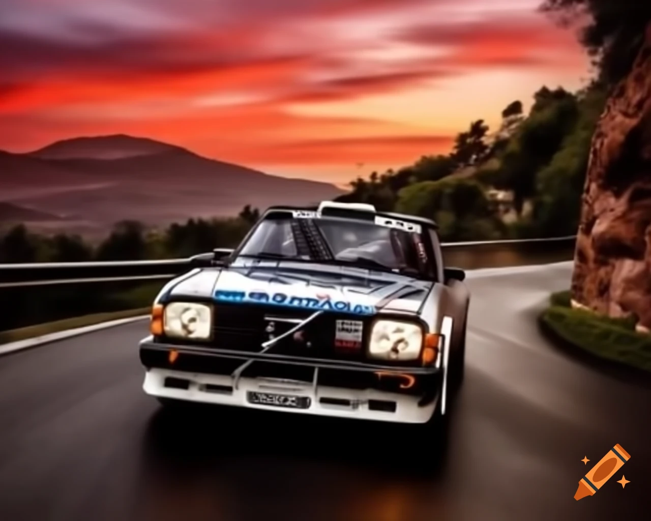 Volvo 240 drifting on winding road at Monte Carlo rally during red sundown, detailed painting