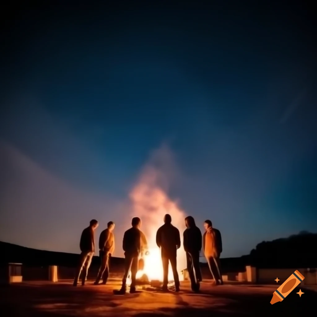 Silhouetted men by campfire under starry night sky